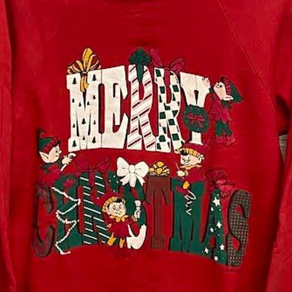 Vintage 80s Merry Christmas Ugly Xmas Sweater 1980s Red Crewneck Sweatshirt - Picture 2 of 3